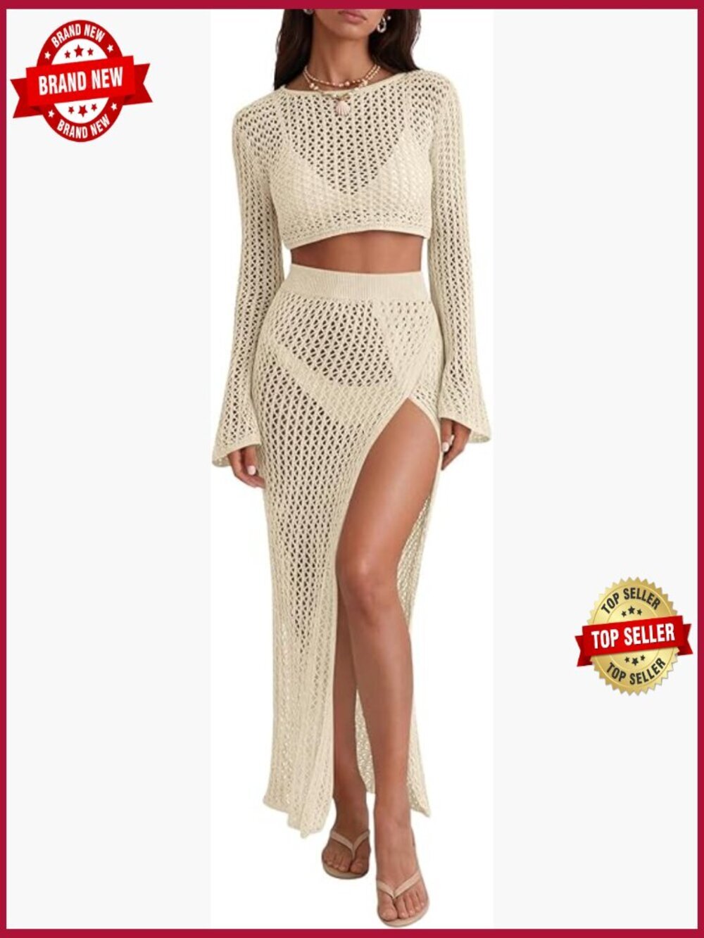 Crochet 2 Piece Beach Cover Up Set - Crop Top & Maxi Skirt